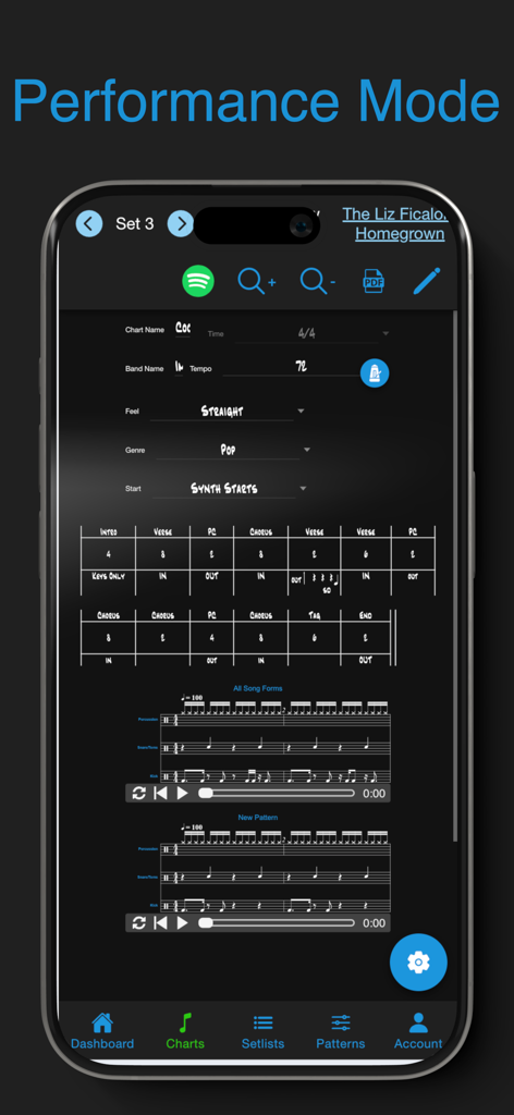 Drum Chart Builder - Interfaz de la aplicación Drum Chart Builder que muestra una partitura de batería digital en modo de actuación con estructura de canción y notación.