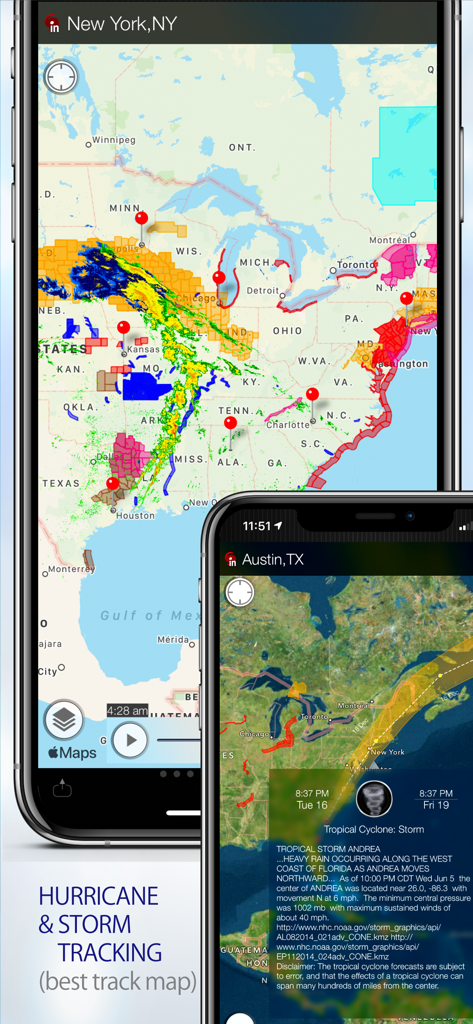 Radar Sky mobile App-Oberfläche zeigt Echtzeit-NOAA-Wetterradar und Hurrikan-Sturmverfolgungskarte für die USA.