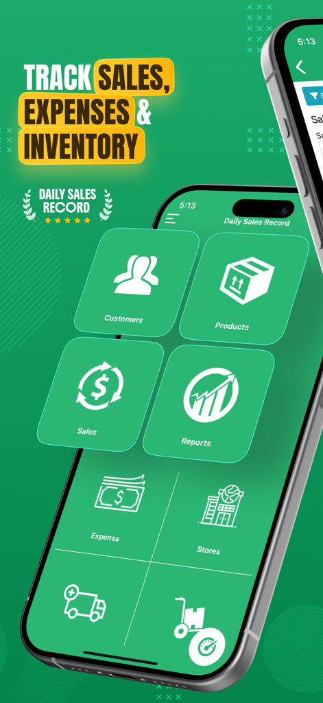 Painel do aplicativo Registro Diário de Vendas - PDV, CRM em um smartphone mostrando ícones para clientes, produtos, vendas e relatórios