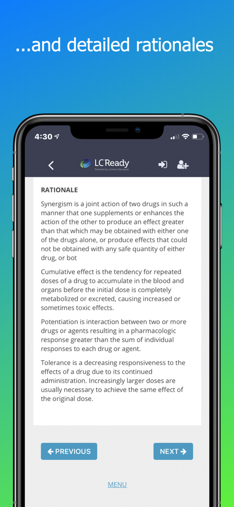 Screenshot of the Paramedic Pharmacology Review app showing detailed rationales for medical terms like Synergism and Potentiation