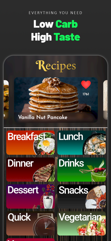Easy Keto Diet Carb Manager - Easy Keto app recipes screen showing a featured vanilla nut pancake and category tiles for breakfast lunch and dinner