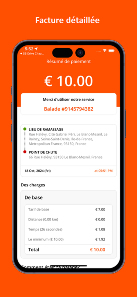 A detailed ride receipt on the SB Drive app showing a ten euro total with pickup and drop off locations in France.