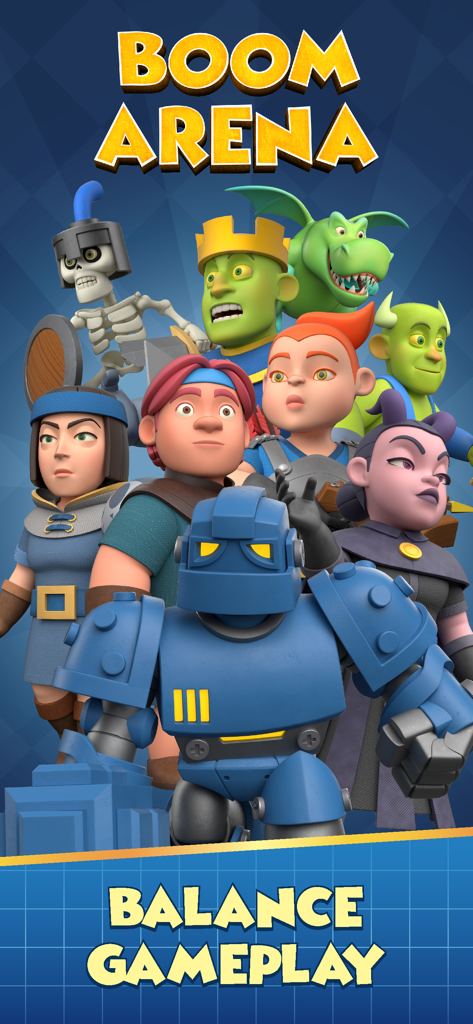 Boom Arena - A group of diverse 3D animated characters from the Boom Arena mobile game with the text balance gameplay