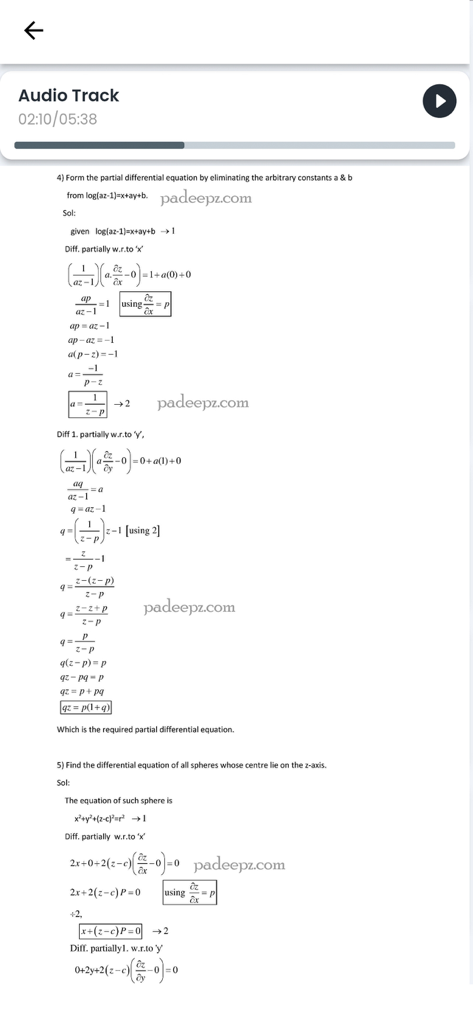 Padeepz - Anna University App - Screenshot of the Padeepz app showing partial differential equation notes with an audio lecture track