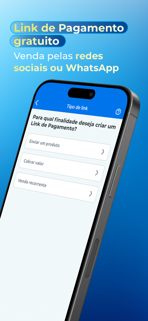 Cielo Gestão: maquininha - 소셜 미디어 및 WhatsApp 판매를 위한 무료 결제 링크 생성 옵션을 보여주는 Cielo 앱 인터페이스