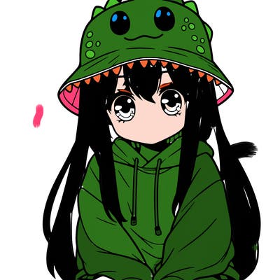 girl with anime shaped eyes with a dinosaur bucket hat oversized sweatshirt long straight hair