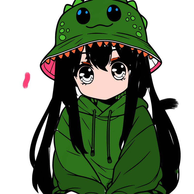 girl with anime shaped eyes with a dinosaur bucket hat oversized sweatshirt long straight hair