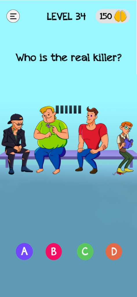 Braindom: Brain Games Test Out - Un acertijo de detective del nivel 34 de la aplicación Braindom pidiendo al jugador que identifique al verdadero asesino entre cuatro sospechosos.