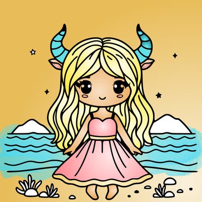 girl with long hair and a dress wearing taurus horns on the beach