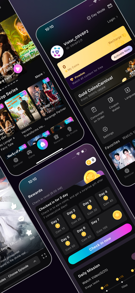 Interface of CubeTV app showing top drama series and a daily check in reward system for coins