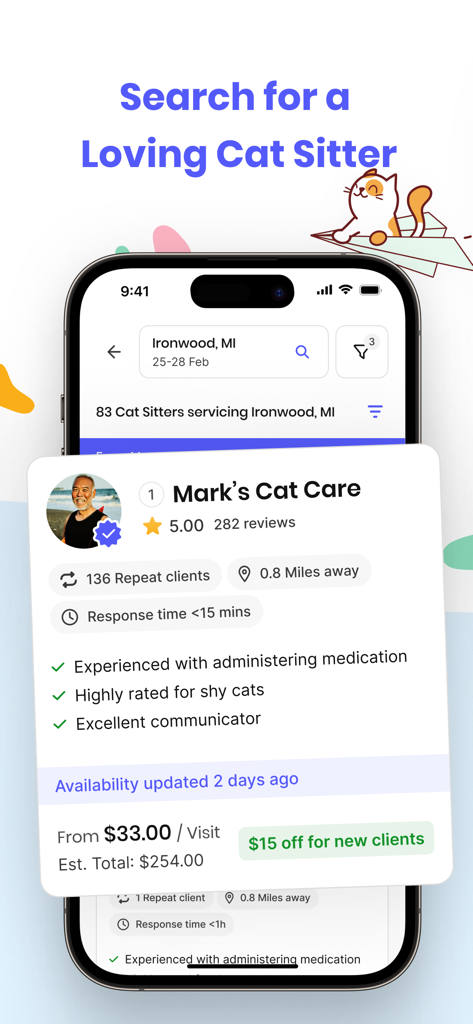 Meowtel: In-Home Cat Sitting - Smartphone screen of the Meowtel app showing a professional cat sitter profile with high ratings and specialized care options.