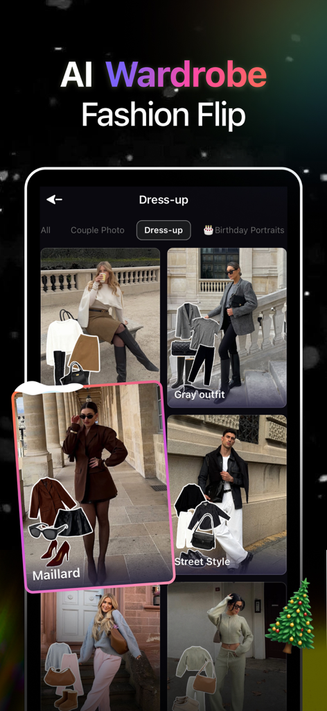 HiCut app interface displaying the AI wardrobe fashion flip feature with different outfit style templates