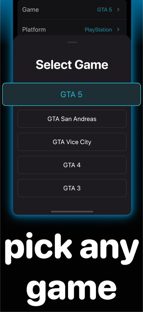 Mobile app interface showing a list of GTA games to select for cheat codes including GTA 5, San Andreas, and Vice City.