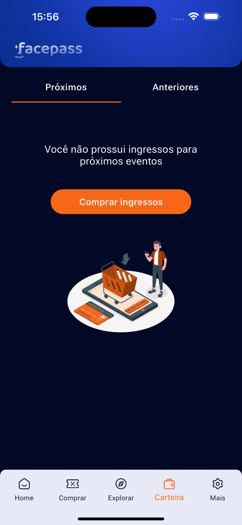 Interfaccia dell'app Facepass Pessoal che mostra la sezione portafoglio con un messaggio sull'assenza di biglietti imminenti e un pulsante per acquistarne altri.