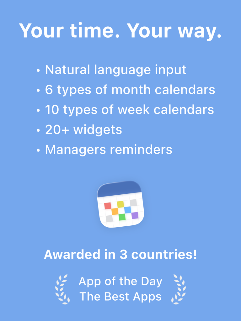 FirstSeed Kalender für iPad Funktionsliste mit Hervorhebung der natürlichen Spracheingabe, mehrerer Kalenderansichten und App-Auszeichnungen