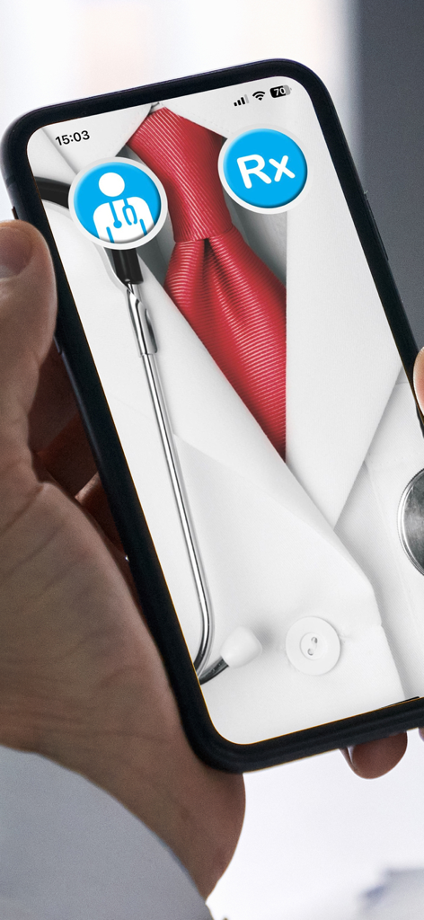 Rx whizz - A person holding a phone showing the Rx Whizz app home screen with doctor and prescription icons