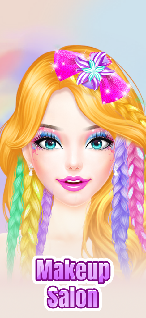 Makeup Salon: Games for Girls - A girl character with colorful braided hair and vibrant makeup from the Makeup Salon game