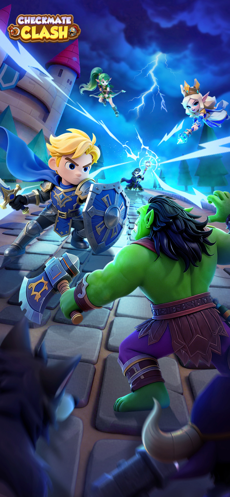 Checkmate Clash - Una escena de batalla en Checkmate Clash con un caballero humano luchando contra un orco verde con elfos al fondo.
