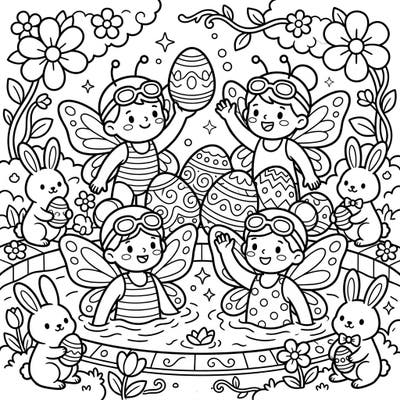 Celebrate a unique Easter with our adorable butterfly swimmers coloring page! This delightful scene features festive eggs, playful bunnies, and blooming spring flowers, ready for your creative touch.