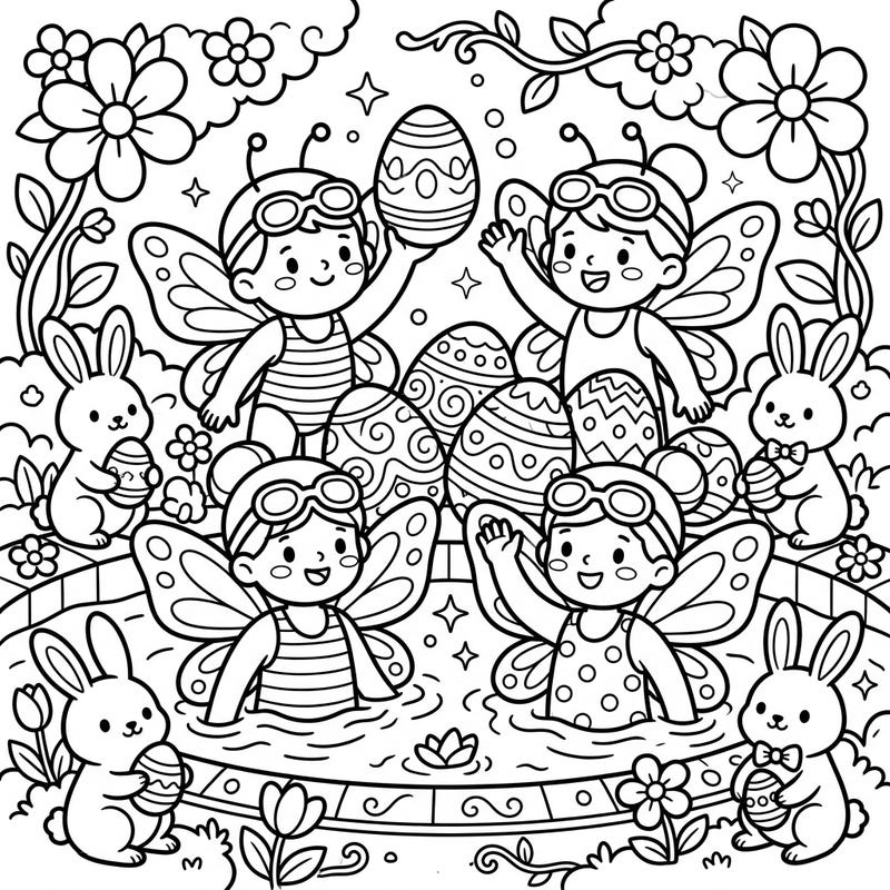 Celebrate a unique Easter with our adorable butterfly swimmers coloring page! This delightful scene features festive eggs, playful bunnies, and blooming spring flowers, ready for your creative touch.