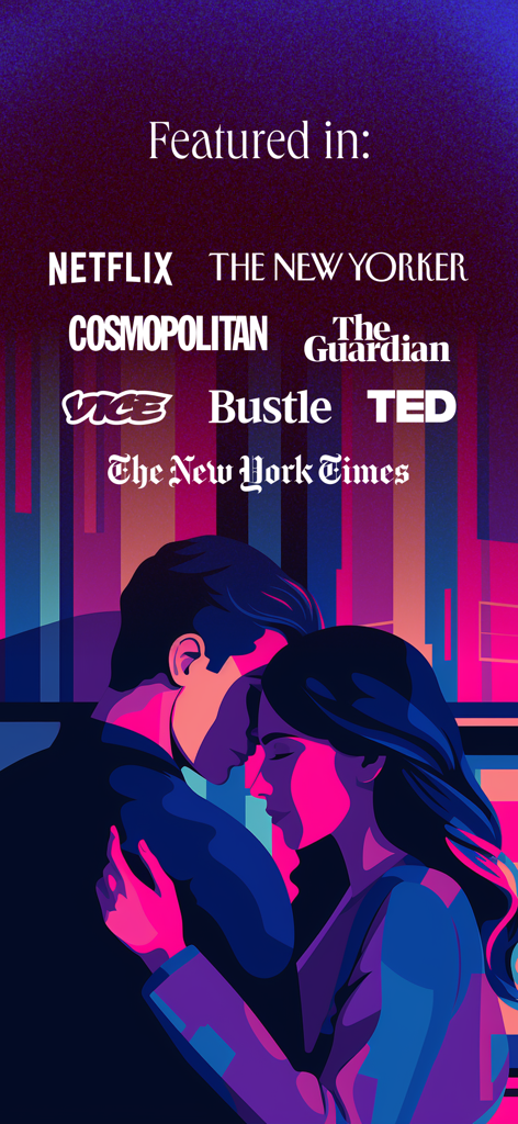 Graphic showing Dipsea featured in major media like Netflix and Cosmopolitan with a romantic couple illustration