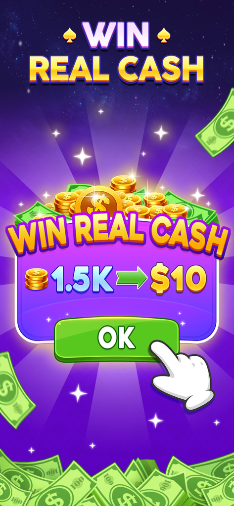 Gin Rummy Cash - Gin Rummy Cash app screen showing a reward conversion of coins to real cash