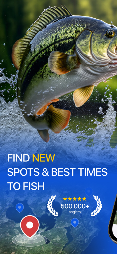 Marlin: Ultimate Fishing App - Marlin fishing app screen with a jumping bass and tools for finding fishing spots and activity forecasts.