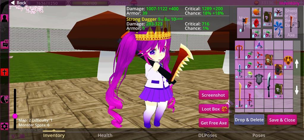 Chibi Doll 3D Multiplayer - A 3D chibi character with purple hair and a crown showing the inventory and weapon stats interface