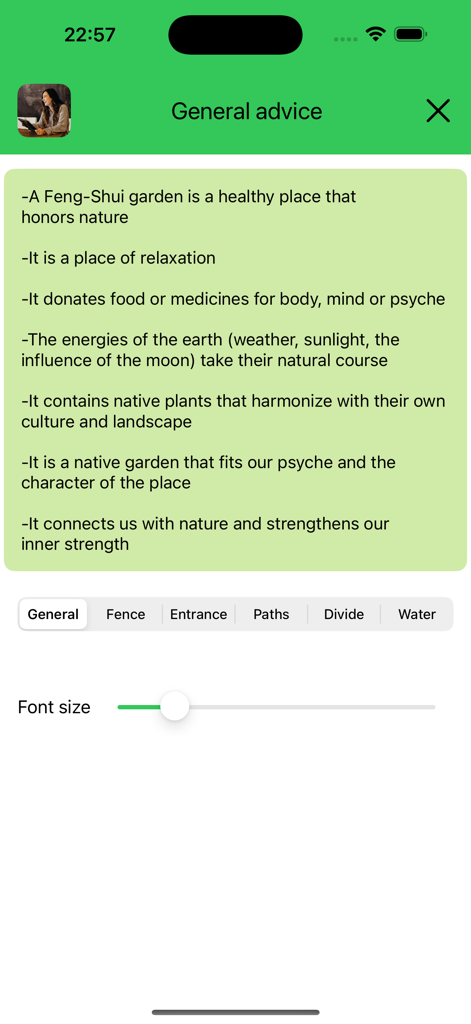 General advice screen of the Garden Feng-Shui app providing tips on creating a harmonious and relaxing outdoor space.