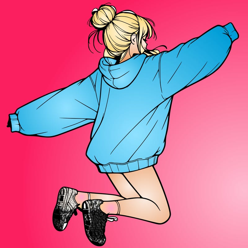 realistic girl jumping with a bun and oversized sweatshirt
