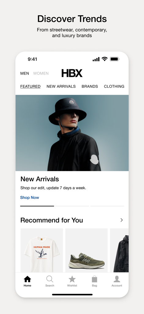 HBX | Globally Curated Fashion - L'écran d'accueil de l'application HBX présente une sélection de tendances mode et de nouveautés issues des marques de streetwear et de luxe.