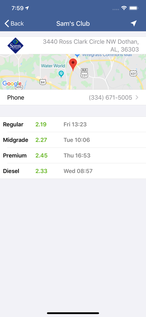 Preços de combustível do posto e exibição da localização no mapa