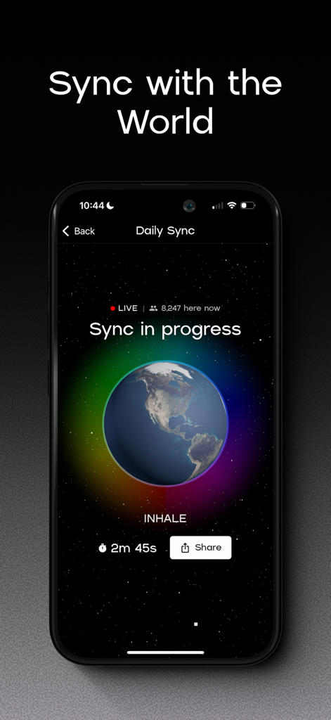 Interfaz de la aplicación Coherence que muestra una sesión de respiración global en vivo con una imagen de la Tierra