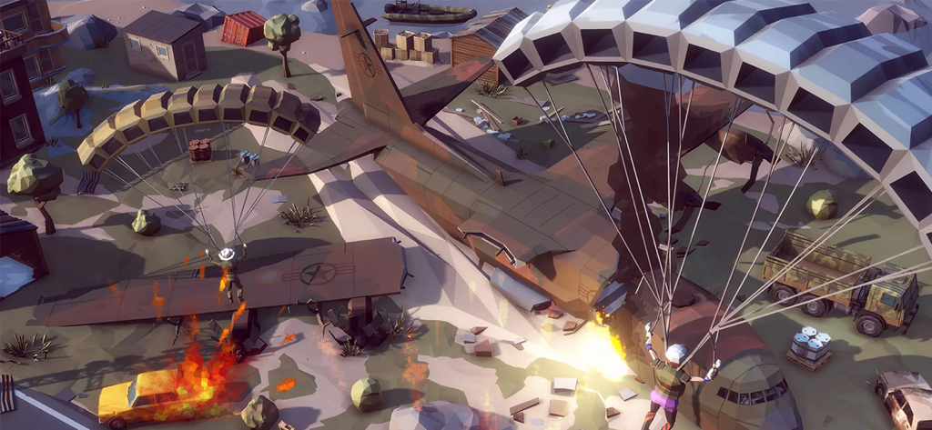 Battle Island:Pixel PvP FPS - Low poly characters parachuting onto a pixelated battlefield with a crashed airplane and burning vehicle