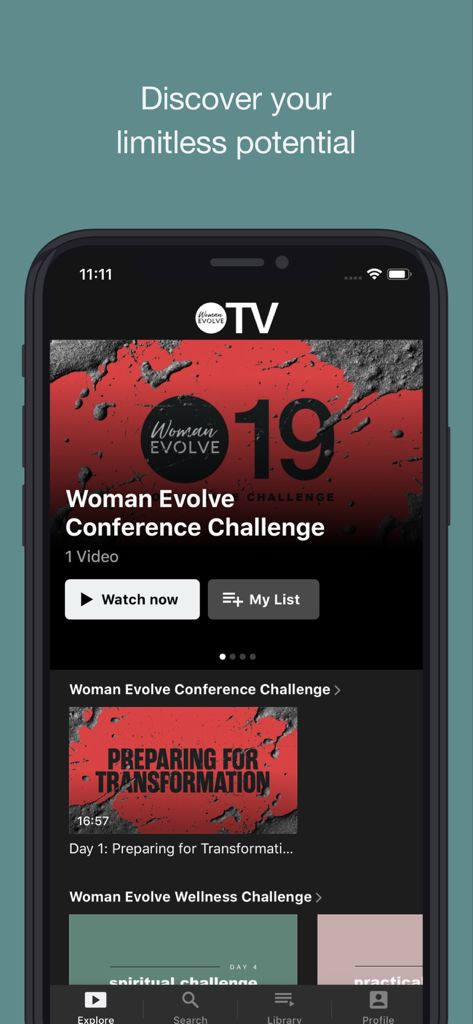 Pantalla de inicio de la aplicación Woman Evolve TV mostrando el Conference Challenge y contenido de video basado en la fe.