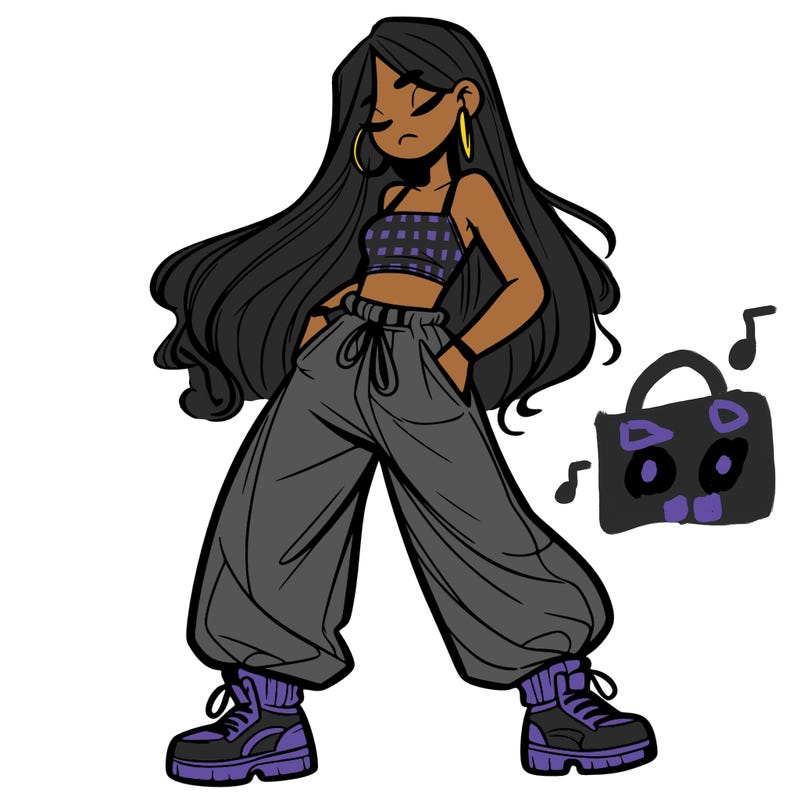 girl in baggy pants crop top and long hair