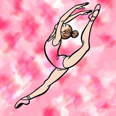 gymnast doing a leap in a leotard with a bent back leg