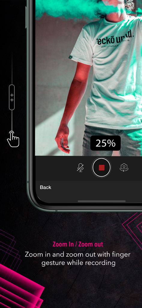Oberfläche der Nonstop Cam App zeigt die Fingergesten zum Ein- und Auszoomen während der Videoaufnahme