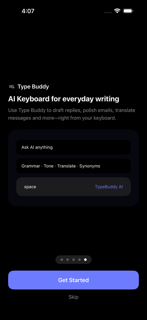 AI Keyboard Type: Type Buddy - An onboarding screen for the Type Buddy AI Keyboard showing writing tools for grammar tone and translation