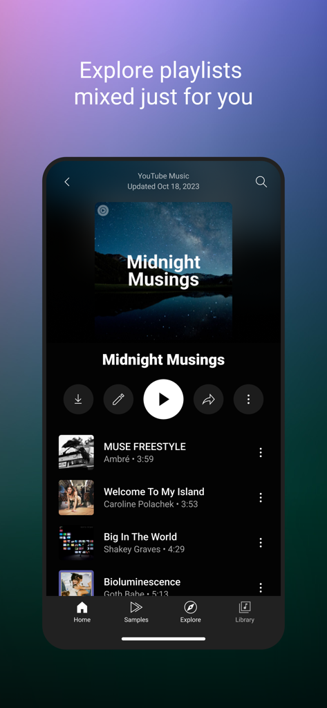 YouTube Music mobile app interface showing a personalized Midnight Musings playlist with a list of songs.