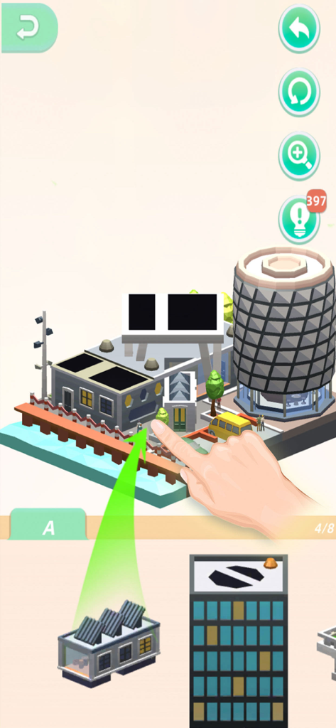 Pocket World-New Journey - A hand dragging a puzzle piece onto a 3D city building model in the Pocket World New Journey game interface