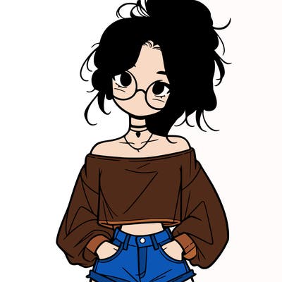 girl with a messy ponytail glasses a baggy crop top and jean shorts