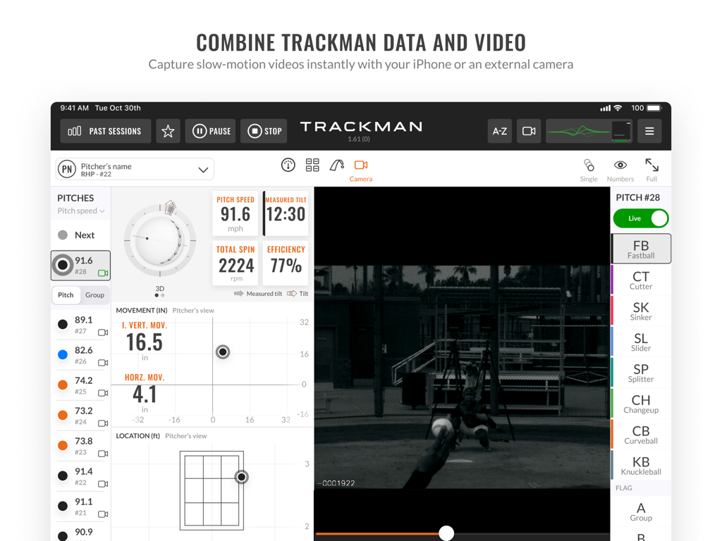 Interface de Trackman Baseball Pro montrant une combinaison de capture vidéo et de données de lancer en temps réel comme la vitesse et le taux de spin.