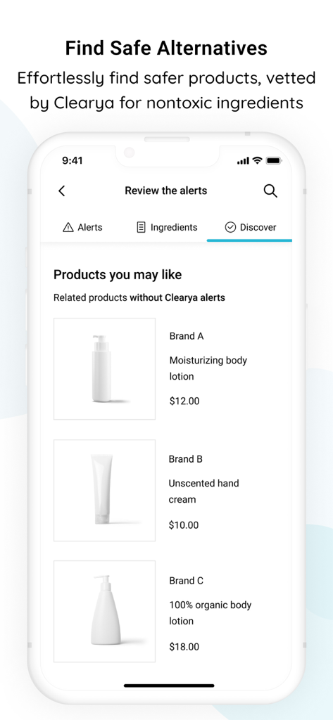 Clearya - Clearya mobile app screen showing a list of nontoxic skincare product alternatives.