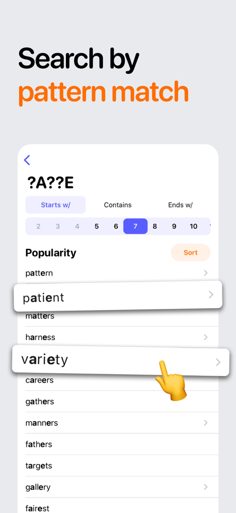 Word and Anagram Finder app screen showing pattern match search results for crossword puzzles