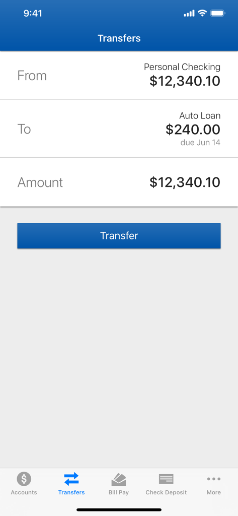 EECU app screen showing the interface to transfer funds between a checking account and an auto loan