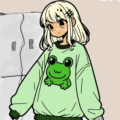 girl wearing frogging sweatshirt
