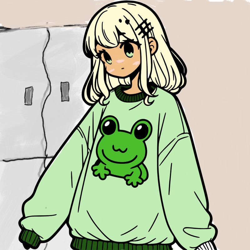 girl wearing frogging sweatshirt