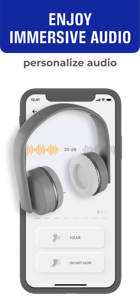 Pantalla de smartphone mostrando personalización de audio con auriculares y opciones de prueba de audición