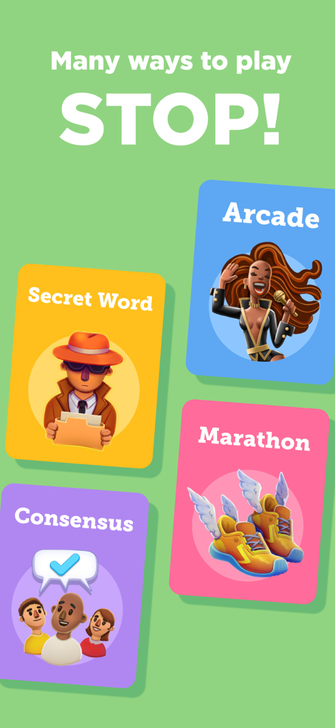 Four game modes for Stop 2: Secret Word, Arcade, Consensus, and Marathon.